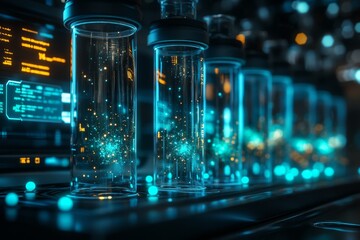 Rows of futuristic test tubes glowing with blue light