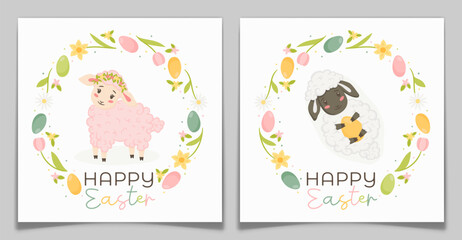 Easter Greeting Card Set with Cute Hand Drawn Lamb