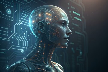Obraz premium A humanoid android with a transparent face, inside of which a digital circuit glows