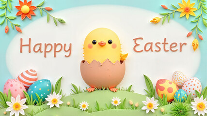 Cheerful chick emerging from an egg with colorful Easter eggs and flowers, Happy Easter text on a pastel background