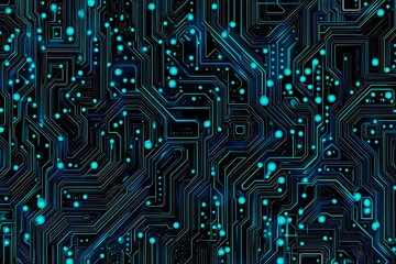 Abstract close-up of a glowing blue digital circuit board, showcasing intricate connections and technological design on a black background.
