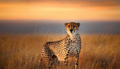 Majestic Cheetah in Masai Mara National Reserve A Blaze of Untamed Power and Beauty Amongst the Savannah Grasses at Sunset