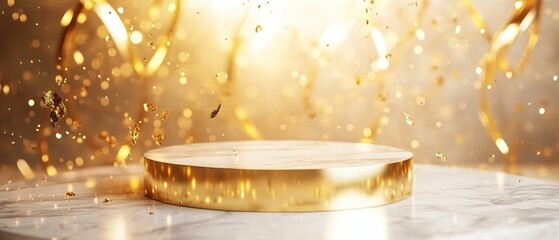 Minimalist Gold Podium with Soft Light Particles, Glass Panel Backdrop, and Elegant Bokeh Effect. Copy space. Generative AI 