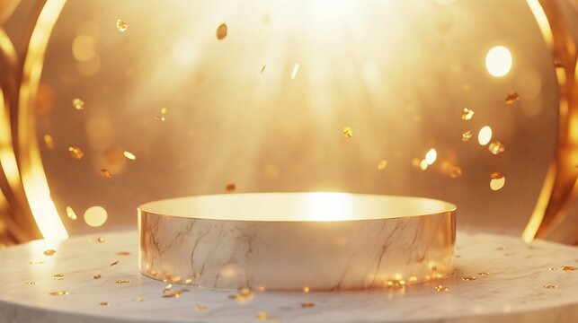 Minimalist Gold Podium with Soft Light Particles, Glass Panel Backdrop, and Elegant Bokeh Effect. Copy space. Generative AI 