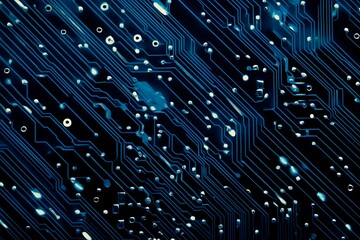 Abstract close-up of a glowing blue digital circuit board, showcasing intricate connections and technological design on a black background.
