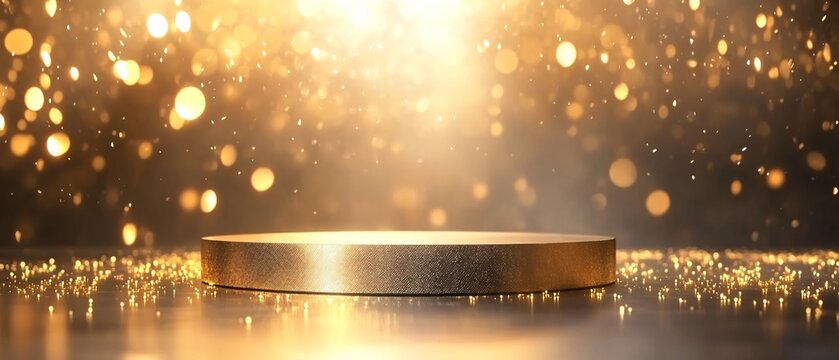 Minimalist Gold Podium with Soft Light Particles, Glass Panel Backdrop, and Elegant Bokeh Effect. Copy space. Generative AI