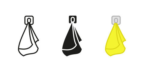 Kitchen rag icon. Hanging absorbent cloth vector illustration. Soft cleaning fabric symbol. Household hygiene sign. Domestic utility wipe concept.
