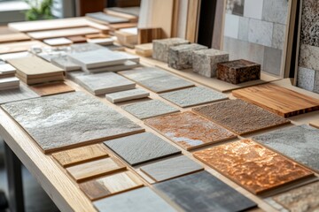 Various ceramic tiles samples displayed in a showroom