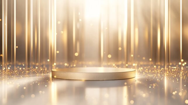 Minimalist Gold Podium with Soft Light Particles, Glass Panel Backdrop, and Elegant Bokeh Effect. Copy space. Generative AI