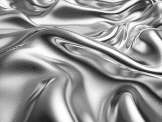 A close-up of smooth, reflective silver fabric with gentle folds and creases.