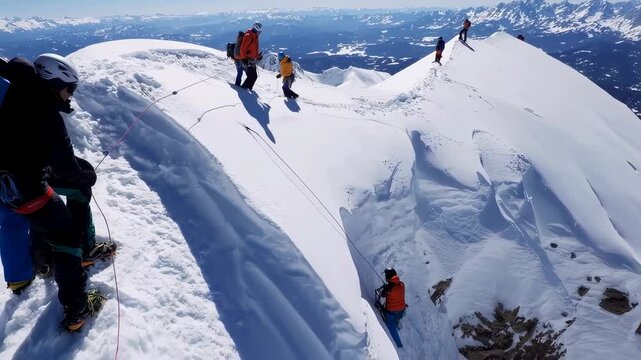 Mountaineers traversing a snowy arete in the mountains
