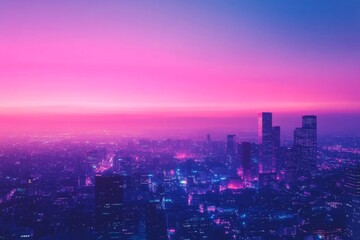 Panoramic view of a city skyline at sunset with vivid colors