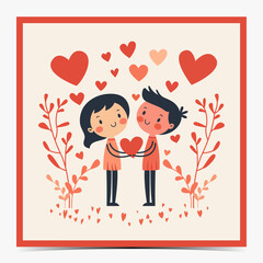 Couple in love - Valentine's Day, anniversary, wedding cover, poster, greeting card, label, flyer, banner, floral elements and red hearts, light beige background, vector illustration