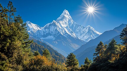 Fototapeta premium Majestic Himalayan peak sunrise, autumn forest, travel poster