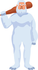 Cartoon yeti with angry facial expression holding large wooden club on shoulder