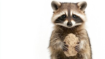Obraz premium Raccoon holding food, studio shot, white background, pet portrait