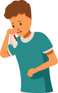 Boy holding tissue against nose to stop bleeding, suffering from epistaxis