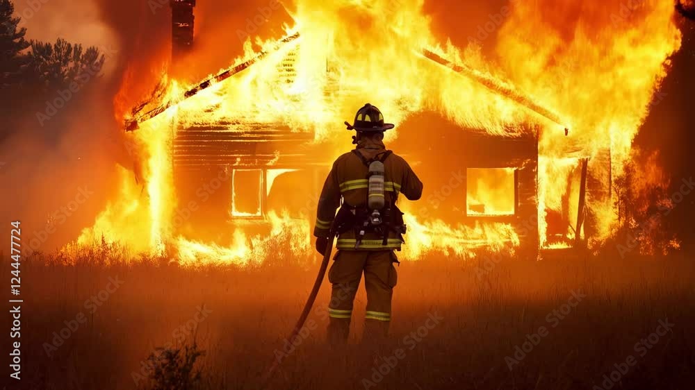 Aufkleber firefighter with protective gear and axe watching a burning wooden house engulfed in flames at night