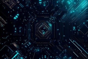 Abstract close-up of a glowing blue digital circuit board, showcasing intricate connections and technological design on a black background.
