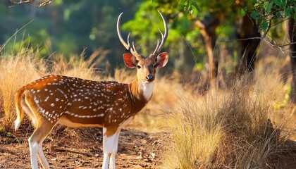Fototapeta premium Spotted Deer in Bandipur National Park A Majestic Chital Deer Roaming through the Lush Wilderness at Dawn, Captured with Stunning Clarity on a Winter Morning