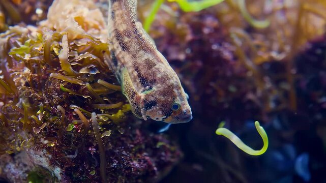 Rivulus marmoratus fish swimming near algae