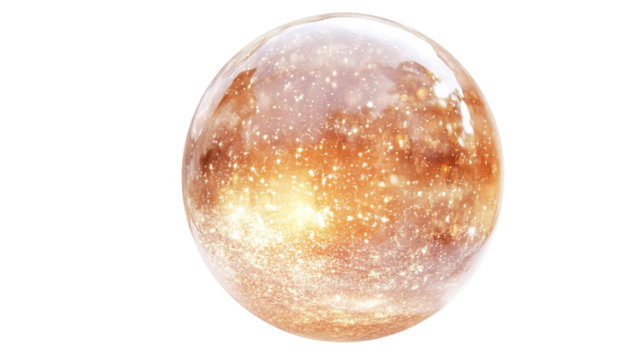 Golden galaxy rotating inside transparent glass sphere on transparent background - Powered by Adobe