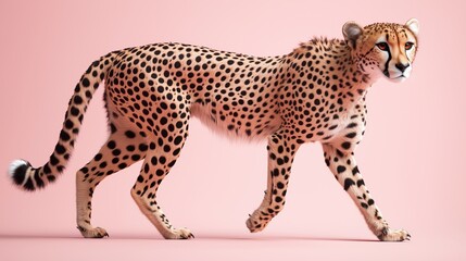 Cheetah walking gracefully on pink background in studio