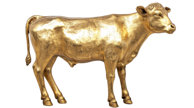 Golden calf statue representing wealth, power, and success on transparent background