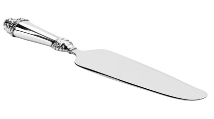 Silver cake server with ornate handle on transparent background