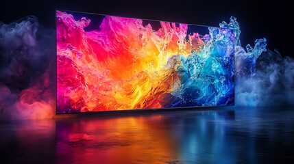 TV on a minimalist black background, displaying a dynamic explosion of neon colors, creating a three-dimensional wave of light.