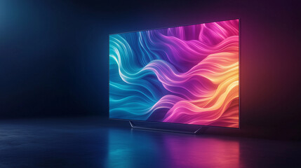 TV on a minimalist black background, displaying a dynamic explosion of neon colors, creating a three-dimensional wave of light.