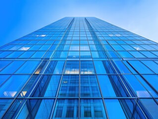 Fototapeta premium A tall glass skyscraper reflecting the sky, showcasing modern architecture.