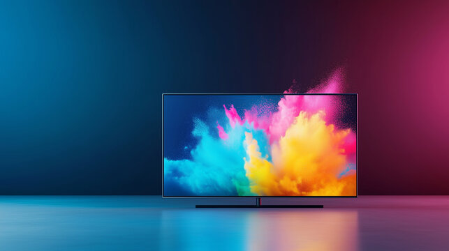 TV on a minimalist black background, displaying a dynamic explosion of neon colors, creating a three-dimensional wave of light.