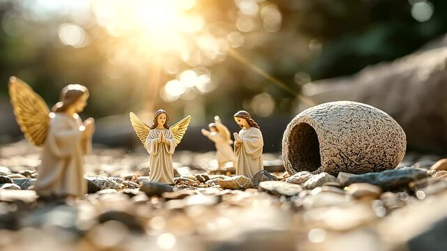 Child Reenacting Resurrection Story with Figurines and Tomb
