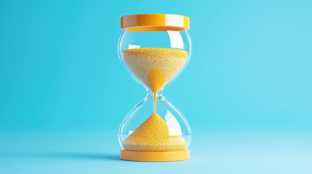 A vibrant hourglass filled with yellow sand against a blue background, symbolizing the passage of time and the concept of waiting.