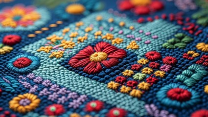 Obraz premium Colorful Embroidered Fabric with Geometric Flowers and Patterns on Dark Blue Background