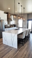 Fototapeta premium Modern kitchen with white marble island and bold black accents