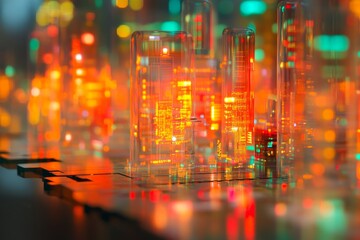 Glittering cityscape with lights reflected on wet pavement