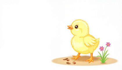 Fototapeta premium Cute yellow chick standing on ground surrounded by flowers