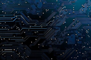 Abstract close-up of a glowing blue digital circuit board, showcasing intricate connections and technological design on a black background.
