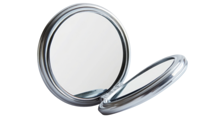 Pocket mirror open showing both reflections on transparent background