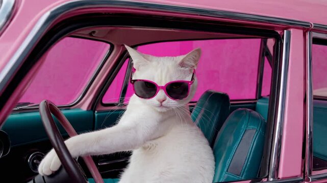 Feline driver transforms vintage pink automobile into personal stage. White cat channels retro automotive comedy with sunglasses and confident pose. Static composition.