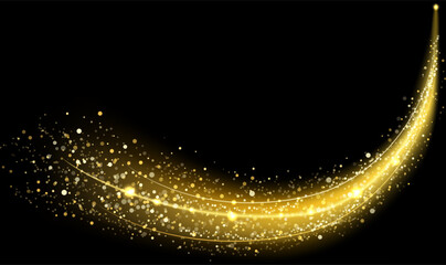 Golden glowing shiny lines effect with glitter particles creating an elegant and festive atmosphere on a black background, perfect for luxury, celebration, and holiday themed designs