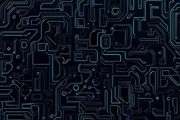 Abstract close-up of a glowing blue digital circuit board, showcasing intricate connections and technological design on a black background.
