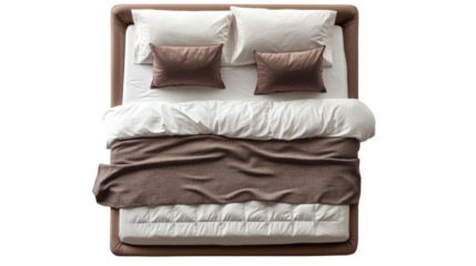 Modern bed with brown upholstered frame and white bedding, top view on transparent background