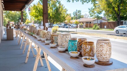 Colorful pottery displayed outdoors, sunny street background