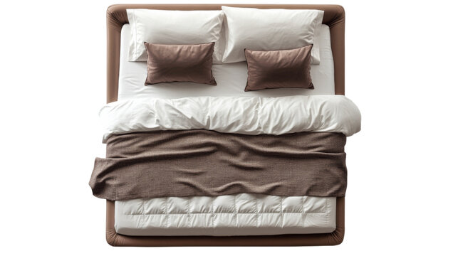 Modern bed with brown upholstered frame and white bedding, top view on transparent background