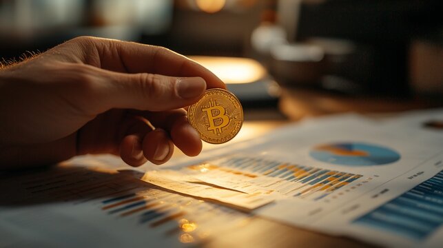 Man holding Bitcoin, reviewing finance charts at night