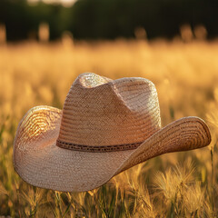 Tan Straw Cowboy Hat on a Sunlit Farm Field for a Classic and Timeless Outdoor Look