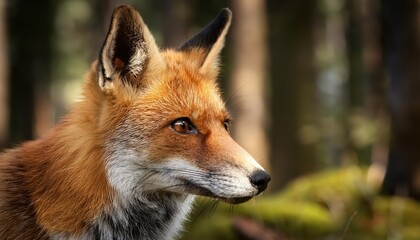Fototapeta premium Striking Closeup of a Red Fox Amidst the Enchanting Forest, Capturing the Wild and Mysterious Beauty of Nature at Dusk.